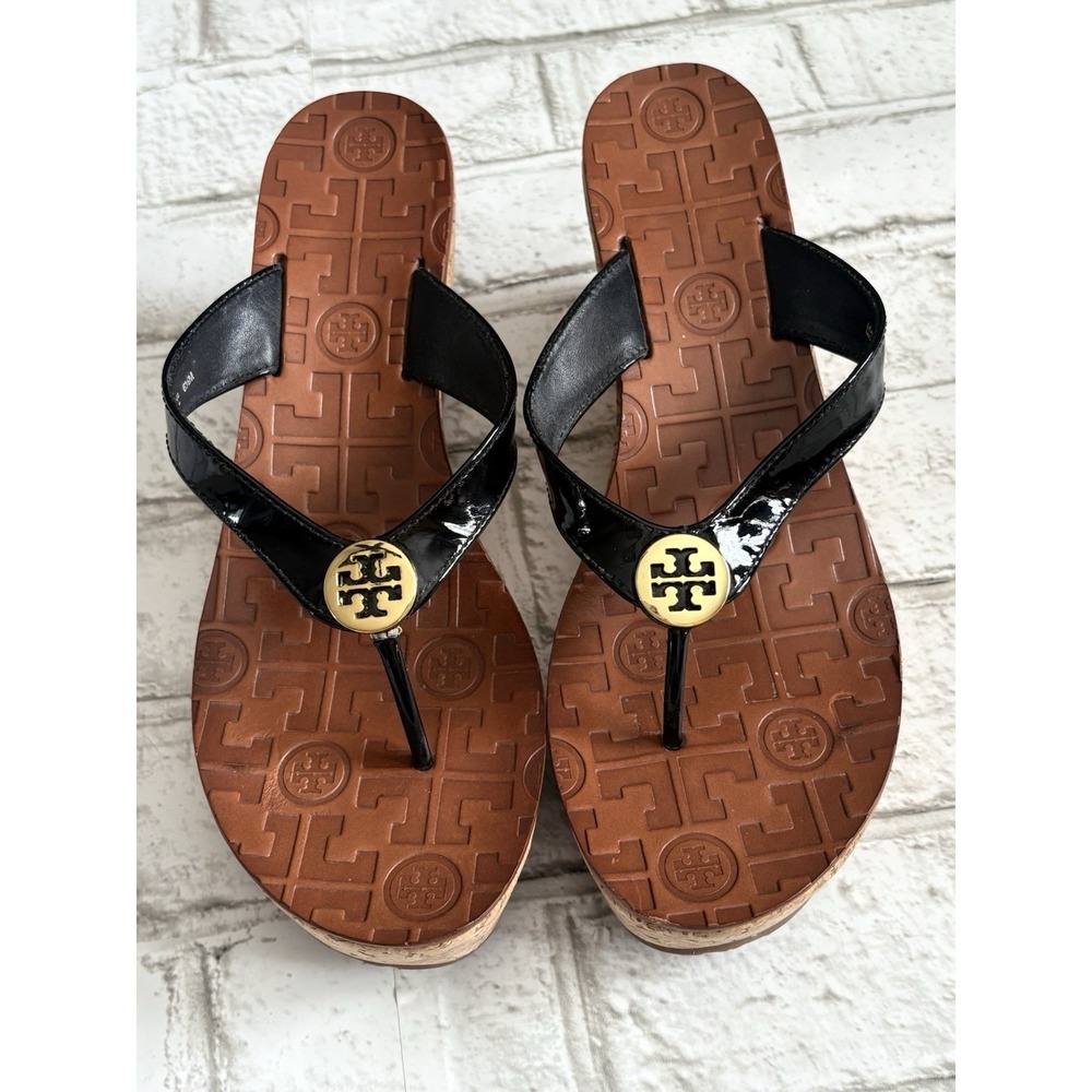 Tory Burch Black Patent Leather Thora Cork Platform Wedge Thong Sandal Sz 6.5